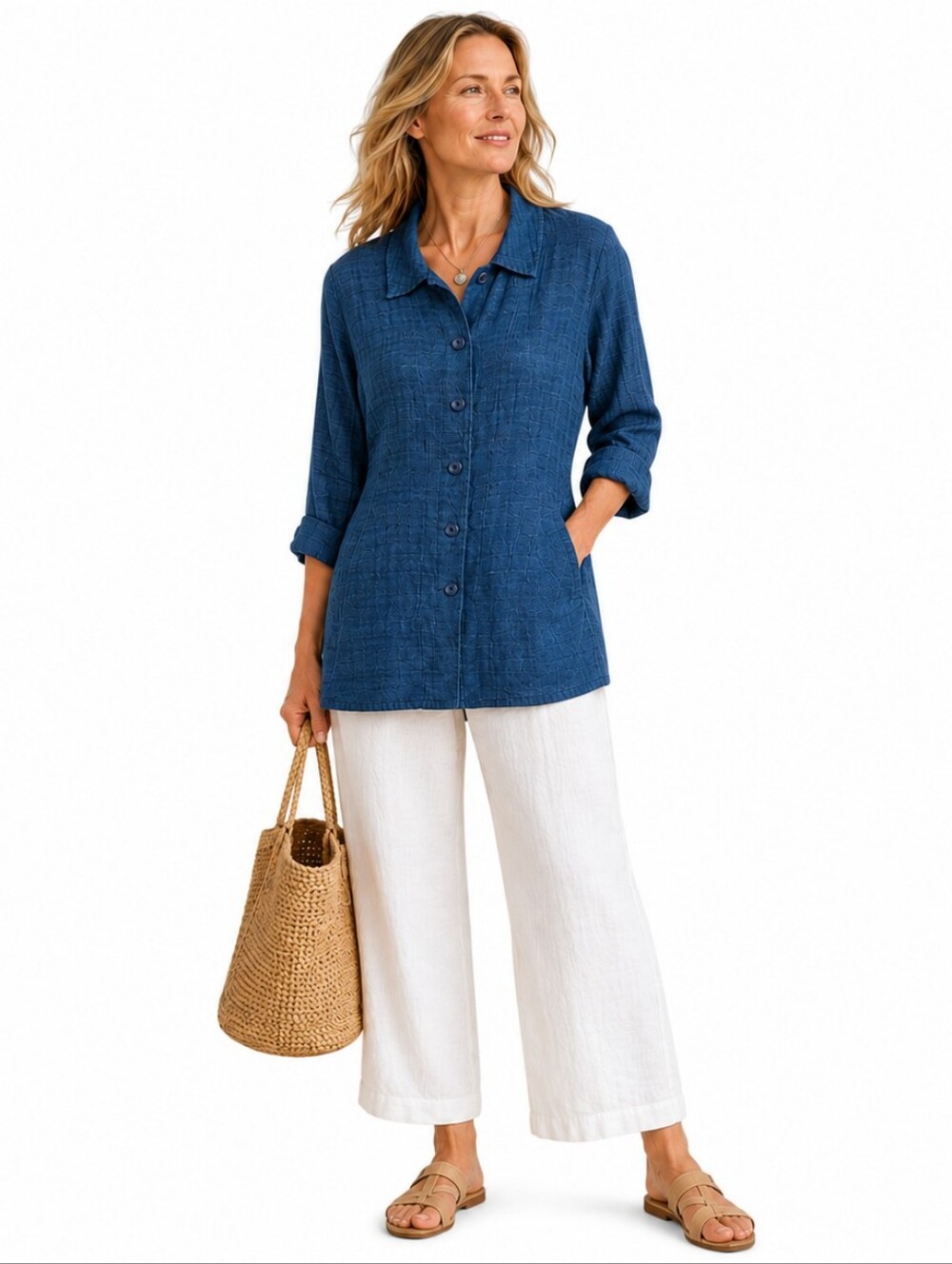 Flax Linen Button-Up Swing Tunic S Teal Textured‎ Lagenlook Oversized Coastal